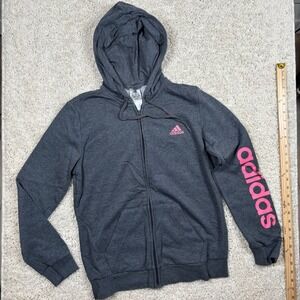 Adidas Gray Zip Up Hoodie Pink Logo Sleeve Athletic Casual Women's M